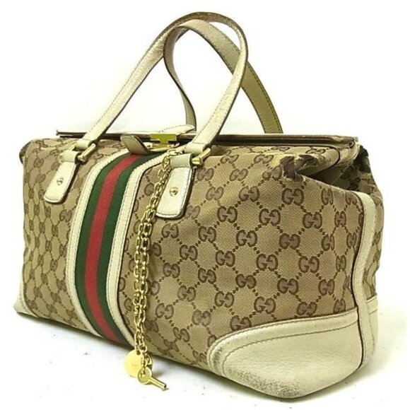 Gucci Vintage Jolicoeur Satchel Brown Large G Print Canvas w White Leather - Picture 10 of 10